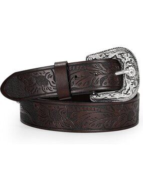 Unisex Coffee Leather Belt Vintage Western Cowboy Belt Engraved Buckle Belt